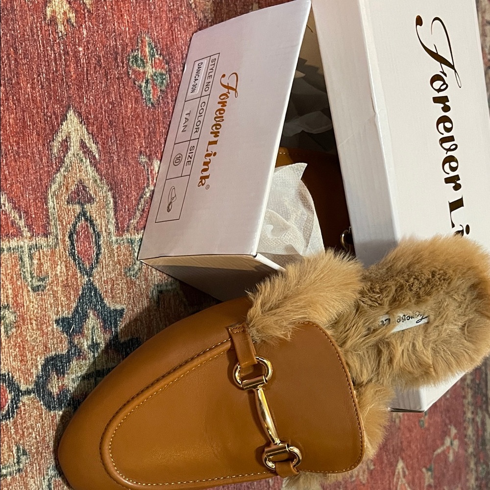 Forever Link Tan Mules with Faux Fur